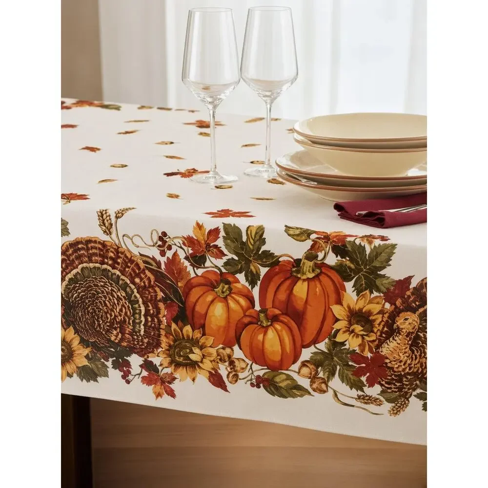 Thanksgiving Turkey Pumpkin Tablecloth, Fall Harvest Print Linen, 60x120 Oblong